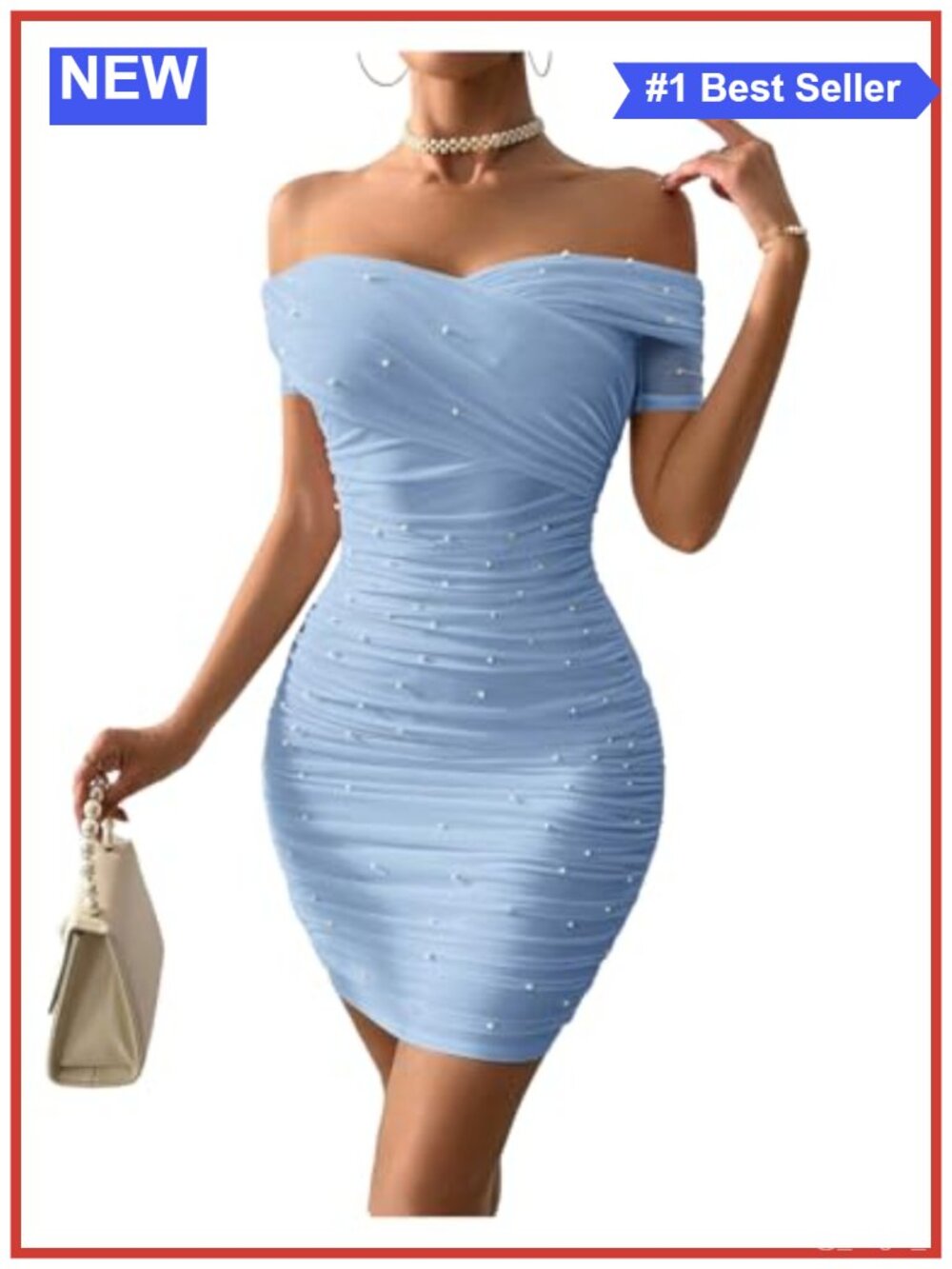 Pearl Beaded Off Shoulder Bodycon Short Dress Mesh Sleeve Party Club